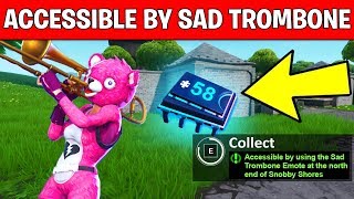 ACCESSIBLE BY USING THE SAD TROMBONE EMOTE AT THE NORTH END OF SNOBBY SHORES  Fortnite Fortbyte 58 [upl. by Eruza46]