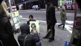 Banksy getting portrait drawn in Times Square NYC [upl. by Cynthy]