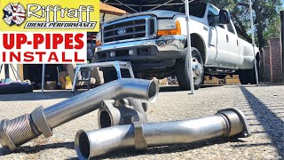 2001 F350 73  RiffRaff UpPipes Install  Stock up pipes leaking and falling apart JUNK SP [upl. by Gapin]